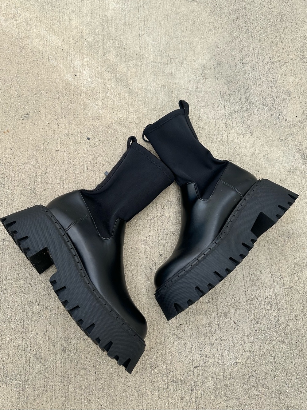 Zara Chunky Platform Lug sole Stretchy Fabric Sock Ankle Chelsea Boots ~EU38